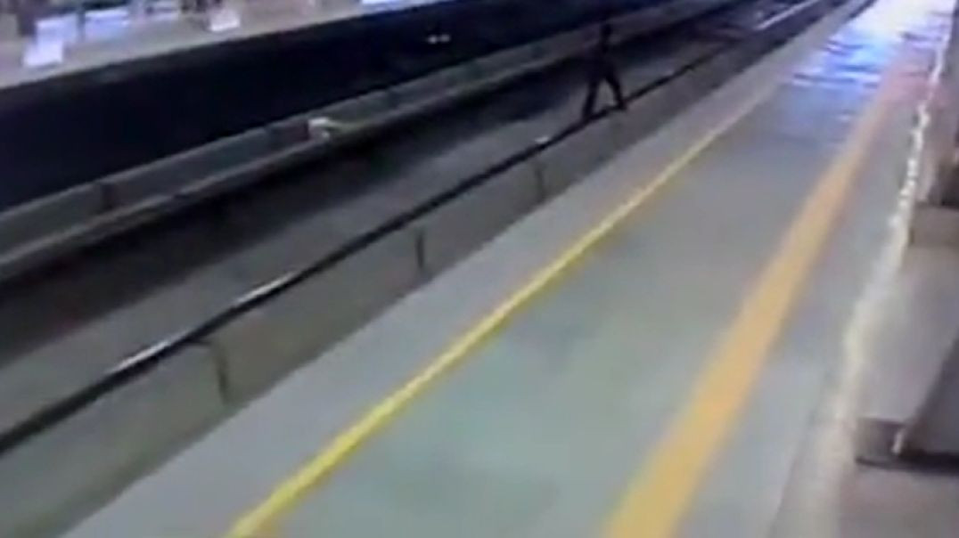 ⁣Drunk guy is twisted many times by a train